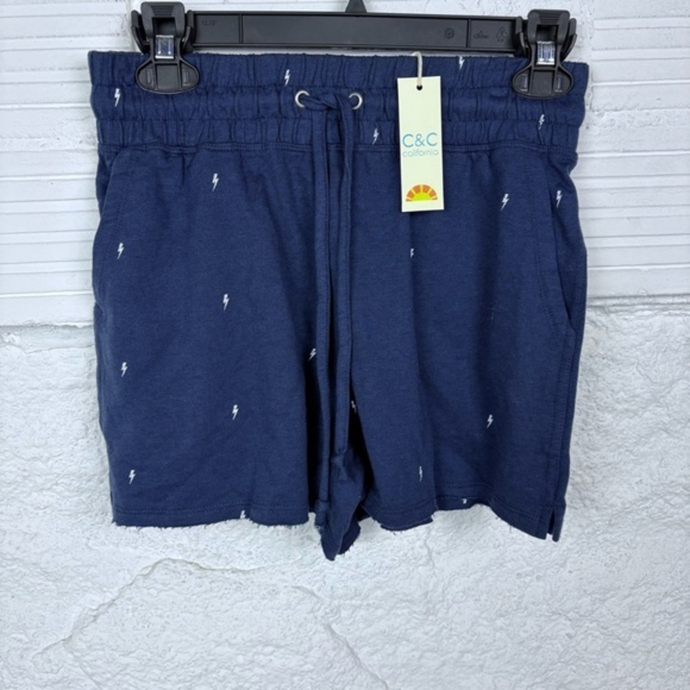 NWT C&C California Blue & White lightning bolt print comfy drawstring short S XS
